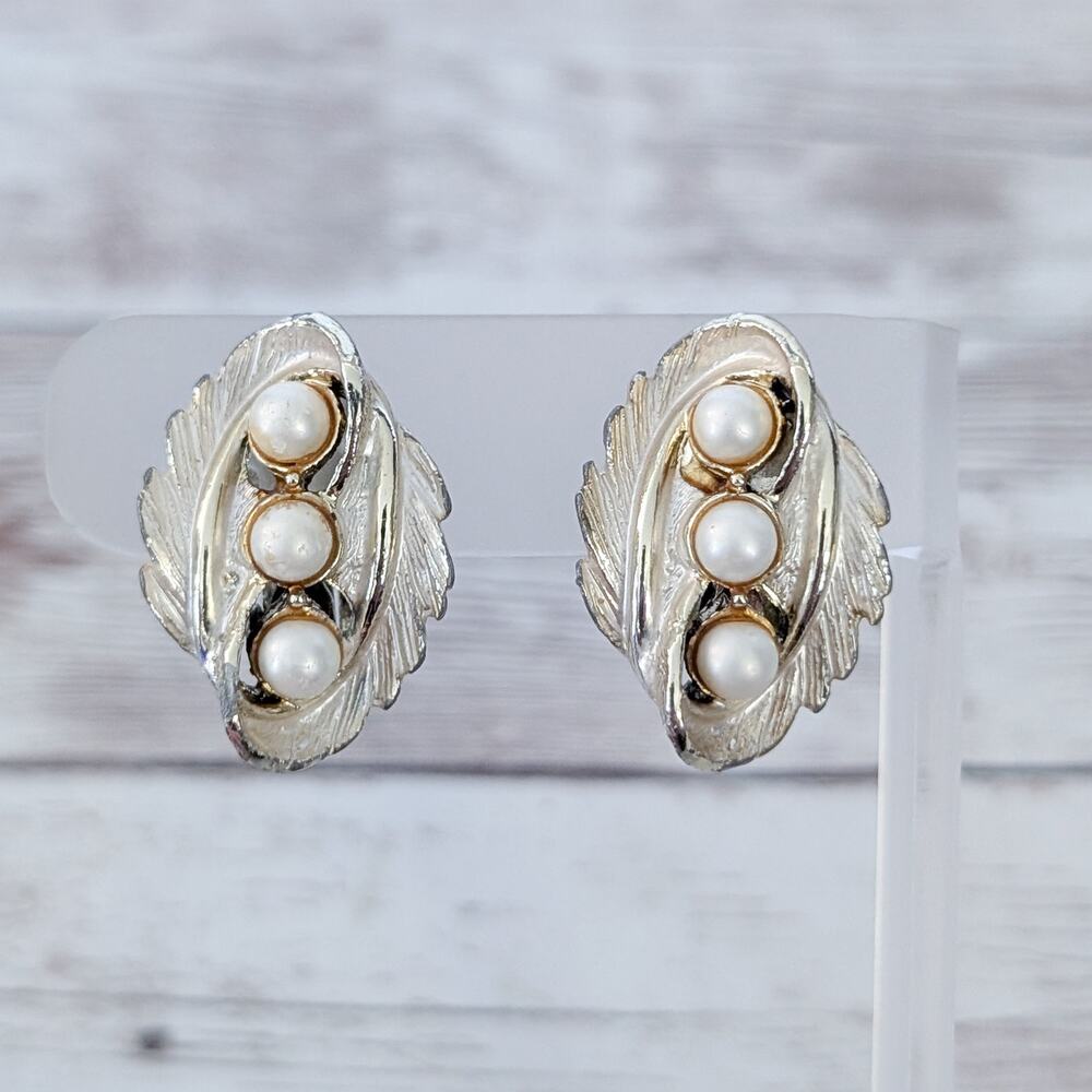 Vintage Clip On Earrings Gold Tone with Faux Pearl Trio - Fair Condition